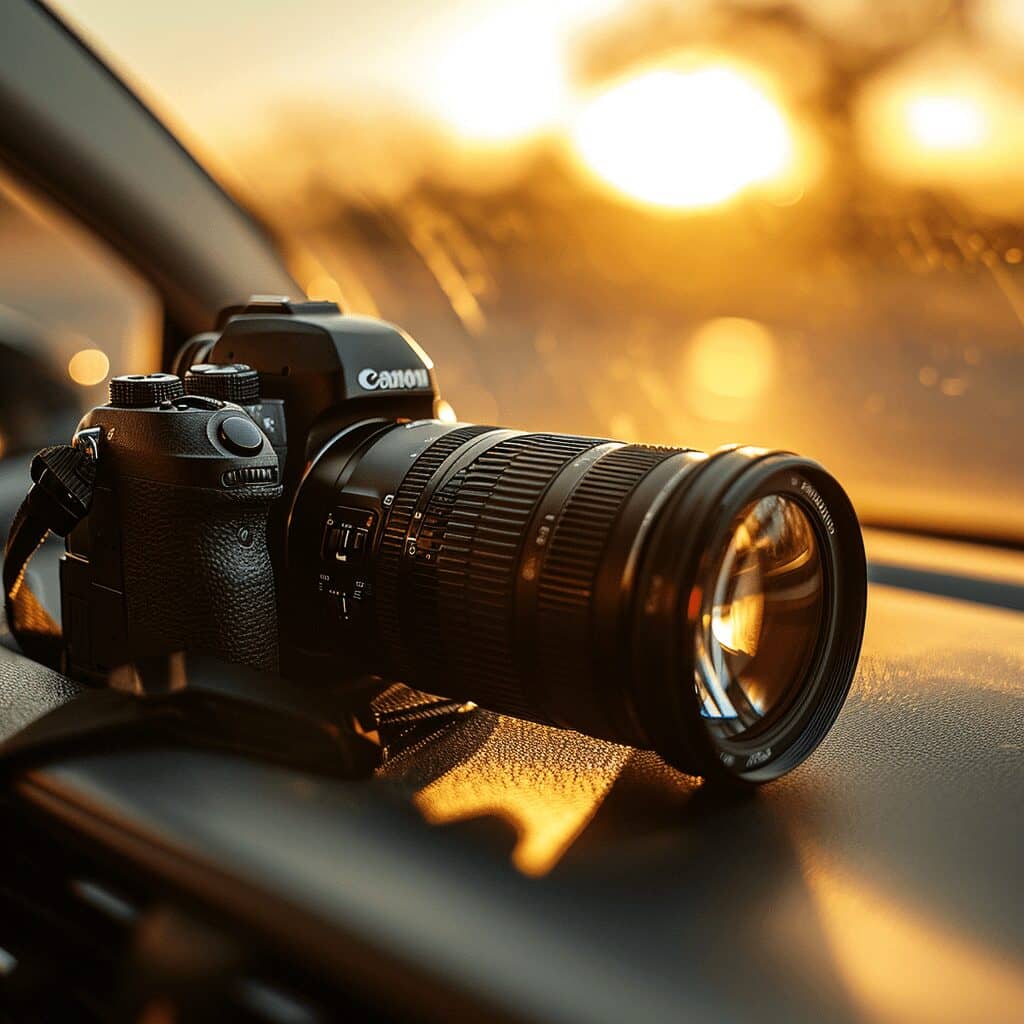 Private Investigator's camera with a large lens used for surveillance on the dashboard of a surveillance vehicle.